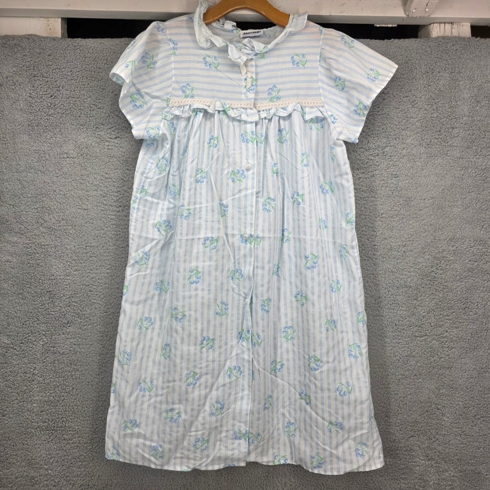 Amy Ann Vintage Blue White Striped Floral Ruffle Nightgown Sleepwear Housecoat L